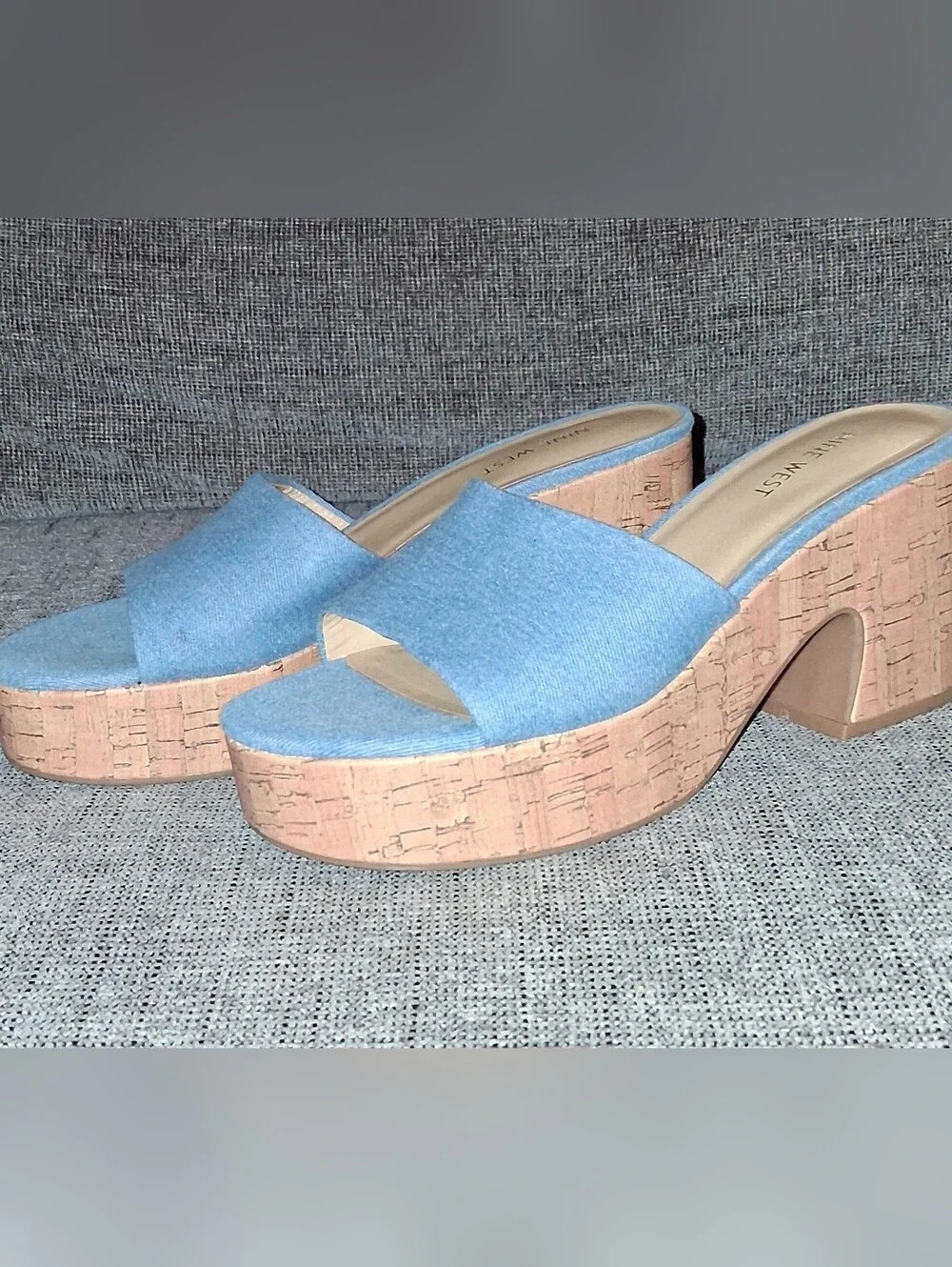 Nine West Light Denim Cork Platform Slide Sandals - Women